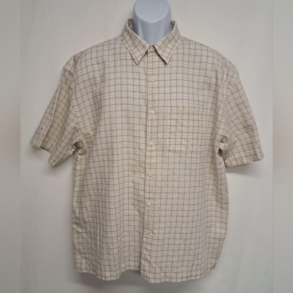 Geoffrey Beene XL Dress Casual Shirt Plaid Short Sleeve Collared Front Pocket